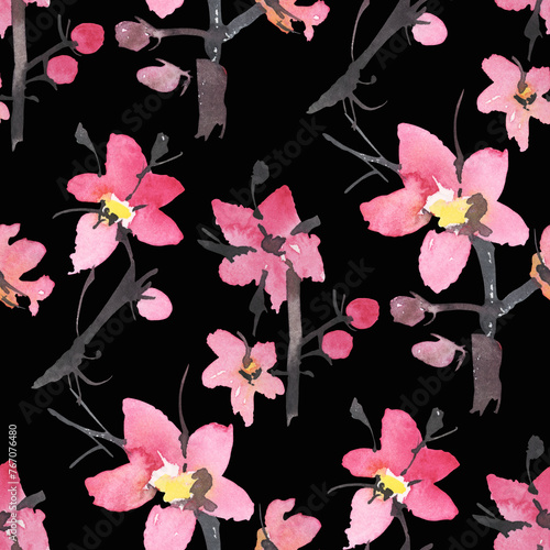 Seamless pattern with watercolor flowers.  A plum blossom.
