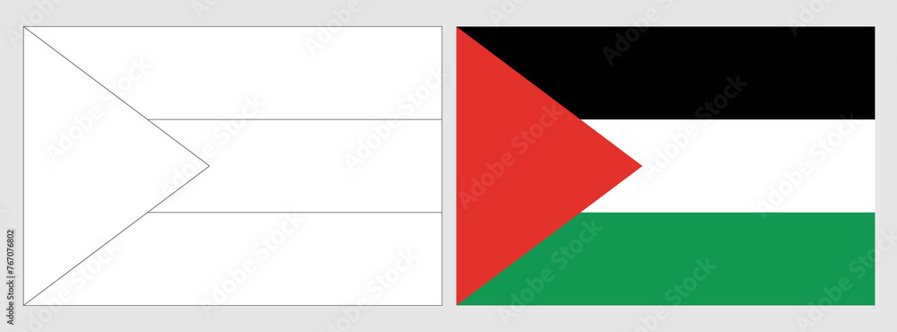 Palestine flag - coloring page. Set of white wireframe thin black outline flag and original colored flag. Palestine flag - coloring page. Set of white wireframe thin black outline flag and original colored flag.