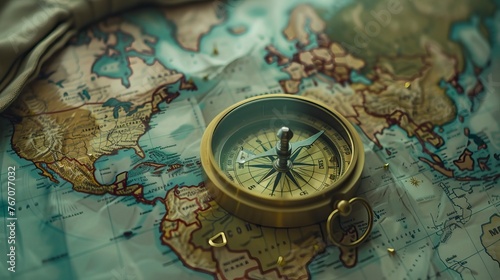 Magnetic compass and location marking with a pin on routes on world map
