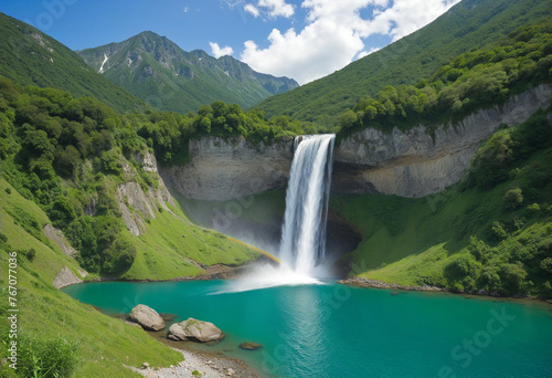 a landscape with a waterfall colorful background