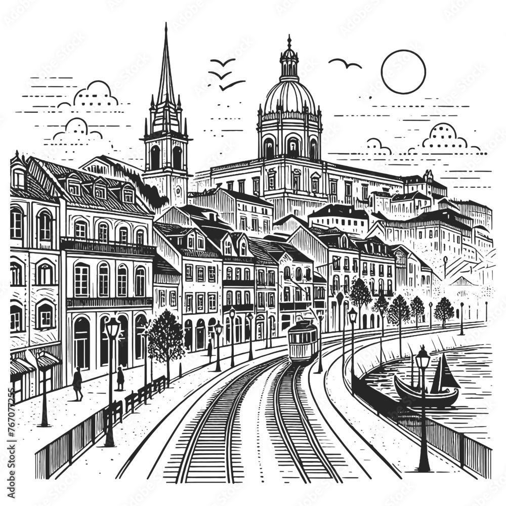 vintage cityscape Lisbon Portugal featuring historical buildings, tram on rails, and a riverfront sketch engraving generative ai vector illustration. Scratch board imitation. Black and white image.