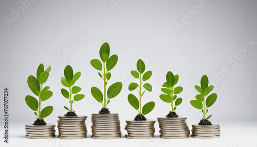Coins stacked with plant sprouts and a house shaped sign colorful background