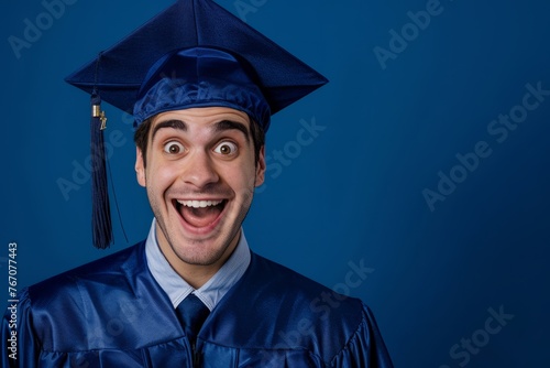 Graduate in blue gown and mortarboard excitement evident in his eyes isolated on a gradient background