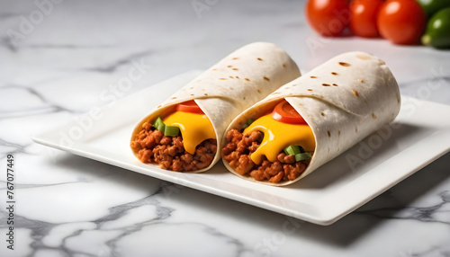 two burritos with cheese and vegetables on a white plate