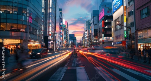 Bustling city street at dusk, illuminated by the neon lights of shops and the streaks of cars in motion, encapsulating the vibrant urban life.