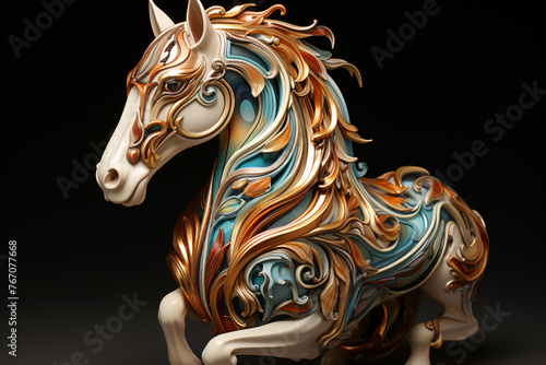 Colorful statue of a horse on a black background