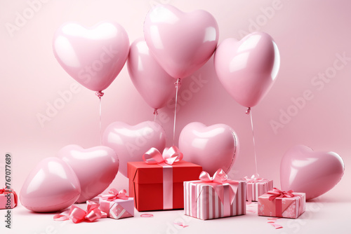 A festive scene with pink heart shaped balloons and wrapped gifts against a pink background