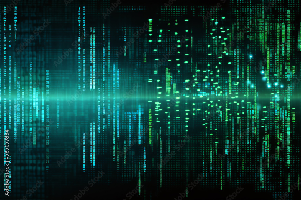 Green digital code matrix with rows and columns of numbers and letters on dark background