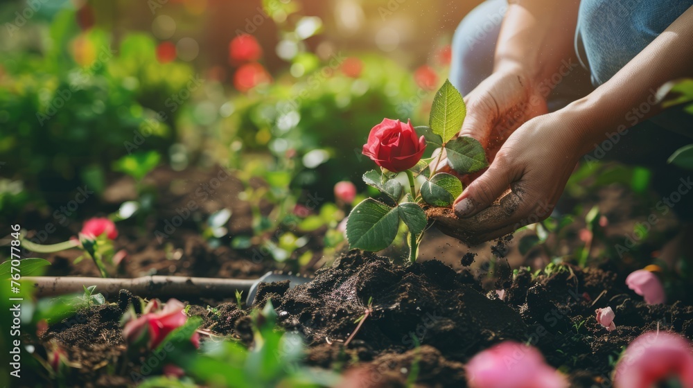 Sunlit gardeners hand tenderly planting a budding rose in soil surrounded by vibrant spring blooms and rustic gardening tools with ample space for text Sunlit gardeners hand tenderly planting a budding rose in soil surrounded by vibrant spring blooms and rustic gardening tools with ample space for text