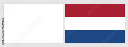 Netherlands flag - coloring page. Set of white wireframe thin black outline flag and original colored flag.