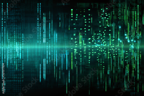 Green digital code matrix with rows and columns of numbers and letters on dark background