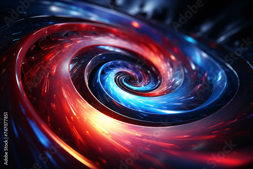 Abstract red and blue swirl with a dark center, resembling a vortex