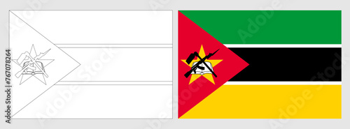 Mozambique flag - coloring page. Set of white wireframe thin black outline flag and original colored flag.