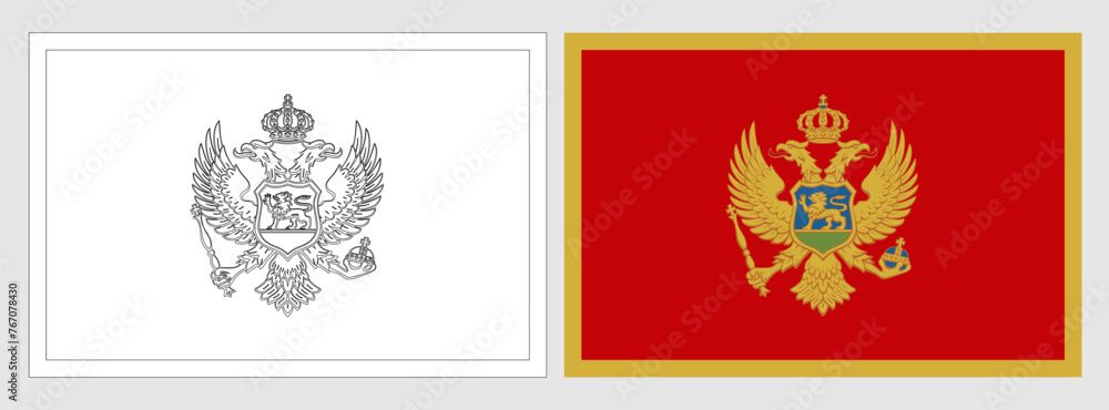 Montenegro flag - coloring page. Set of white wireframe thin black outline flag and original colored flag.
