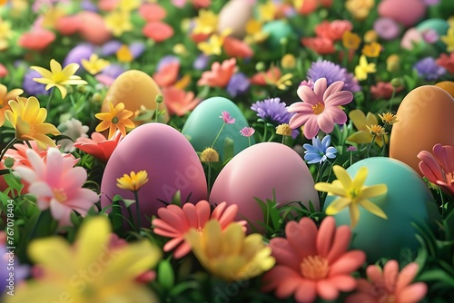 Colorful Easter eggs nestled in a bed of spring flowers, 3D illustration