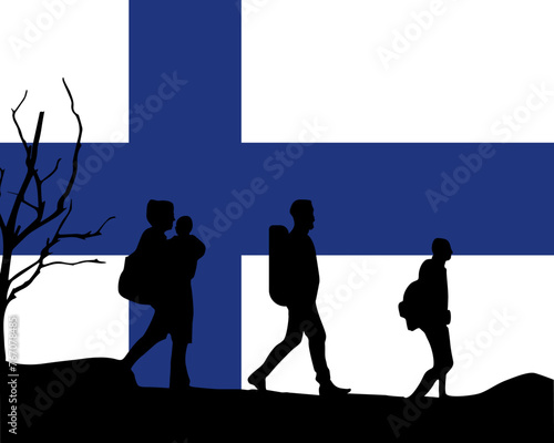 Immigration and refugees front of Finland flag, immigrant and refugee concept