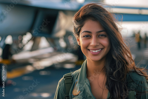 Indian woman wearing air force uniform in the combat aircraft carrier photo