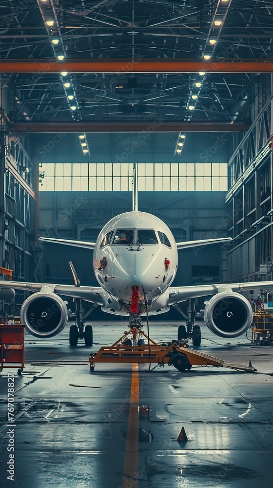 Maintenance of aircraft in hangar. Checking system and replacement of spare parts for safe flights Maintenance of aircraft in hangar. Checking system and replacement of spare parts for safe flights