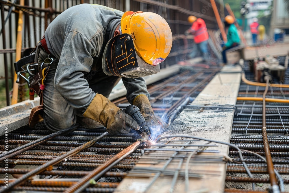Construction Laborer Welding, Skilled Worker in Protective Gear at Industrial Site Construction Laborer Welding, Skilled Worker in Protective Gear at Industrial Site