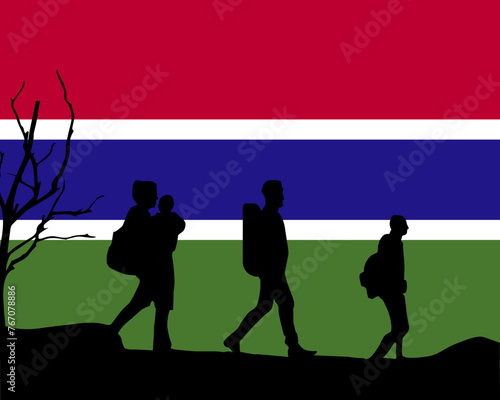 Immigration and refugees front of Gambia flag, immigrant and refugee concept
