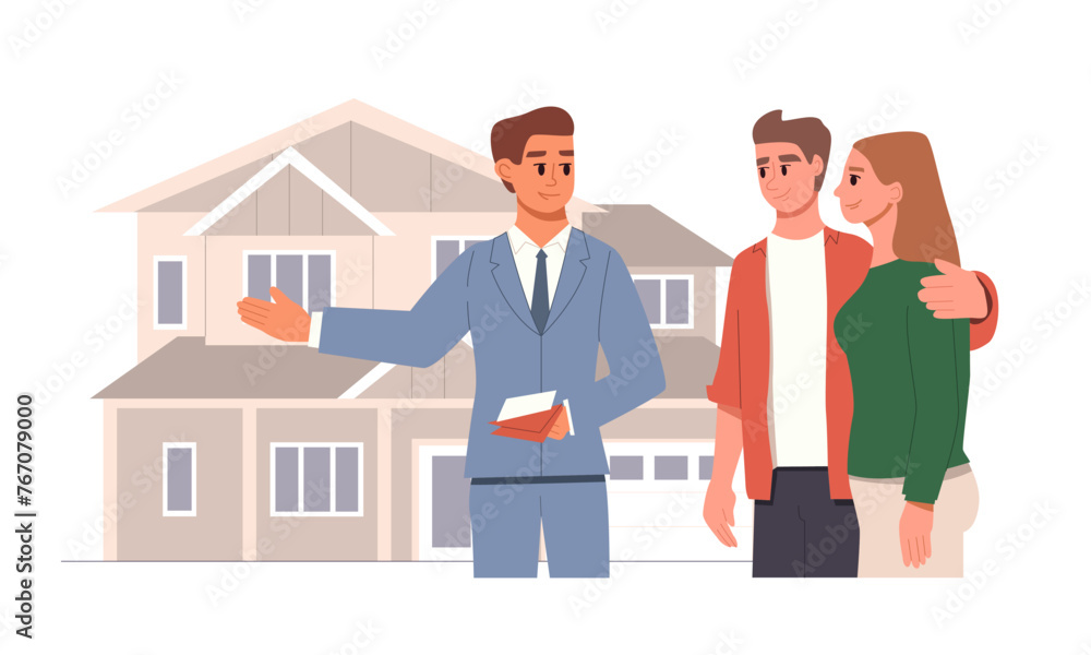 Real Estate Concept. Male Realtor Wearing Suit Showing From New House. Husband and Wife Choosing Home. Cartoon Flat Vector Illustration Isolated on White Background. Real Estate Concept. Male Realtor Wearing Suit Showing From New House. Husband and Wife Choosing Home. Cartoon Flat Vector Illustration Isolated on White Background.