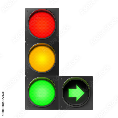 Traffic light with all three colors on and green arrow isolated on white background, turn right. Road sign. Street regulation system signals, road safety in the city, Realistic 3d vector illustration