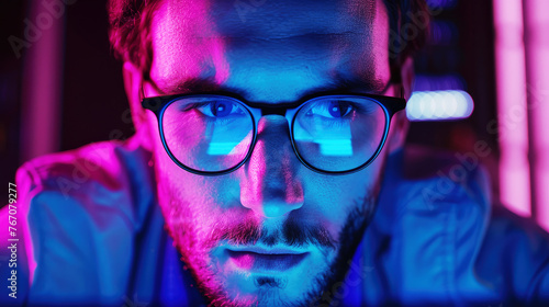 Man in front of a pc computer screen with blue and purple light