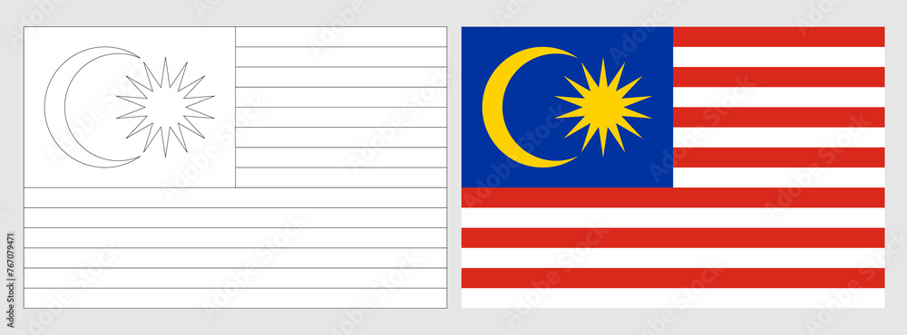 Malaysia flag - coloring page. Set of white wireframe thin black outline flag and original colored flag. Malaysia flag - coloring page. Set of white wireframe thin black outline flag and original colored flag.