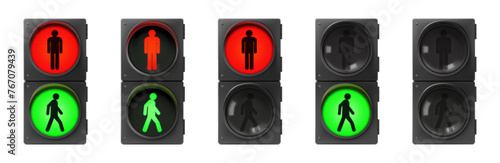 Set of pedestrian traffic lights with red and green man. Realistic 3d Vector illustration. Street regulation system signals, road safety in the city, isolated on white background