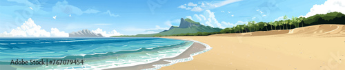 serene panoramic illustration of a tropical beach  with palm trees framing the tranquil blue ocean and clear skies generative ai vector illustration