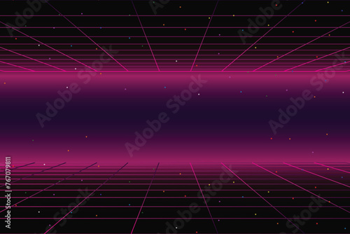 Pixel art background.8 bit game. retro game. for game assets in vector illustrations. Retro Futurism Sci-Fi Background. glowing neon grid. and stars from vintage arcade comp photo