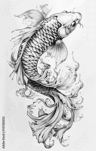 koi fish tattoo surrounded by intricate splashing water sketch engraving generative ai fictional character vector illustration. Scratch board imitation. Black and white image. T-shirt apparel design.