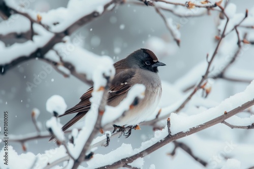 A small bird is perched on a snowy branch in a winter setting