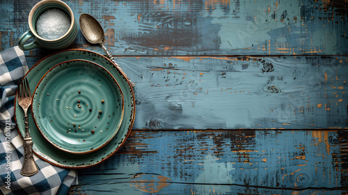 Rustic table setting with empty ceramic plate, silverware, and checkered napkin on a distressed blue wooden background. photo