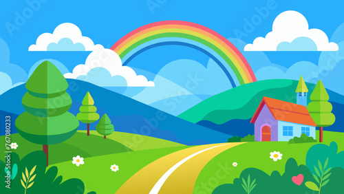 rainbow blue-white-clouds-green-meadow--house--road--green