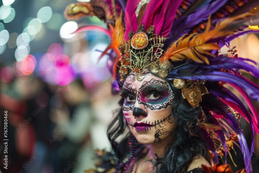 A woman is wearing a vibrant mask adorned with colorful feathers in a festive and creative costume