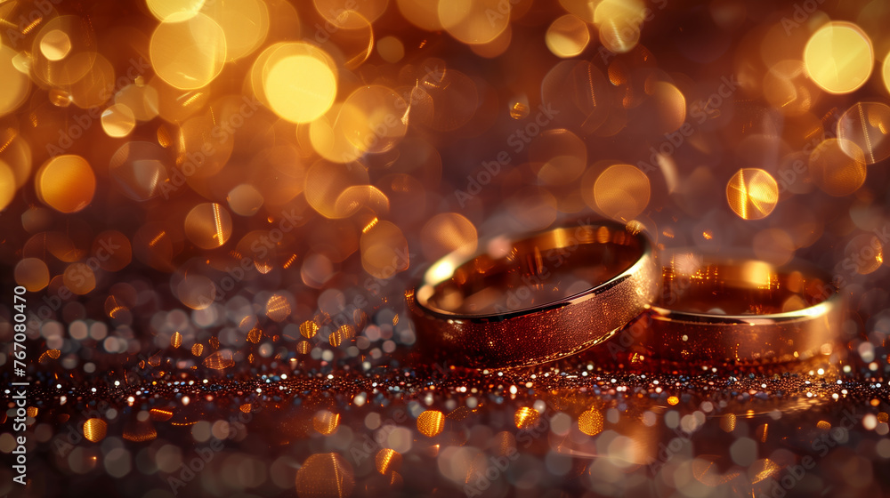 Pair of shiny wedding rings on a sparkling background