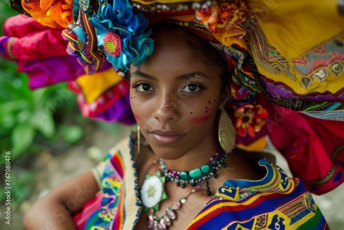 A woman wearing a vibrant headdress and ornate jewelry, showcasing traditional cultural attire