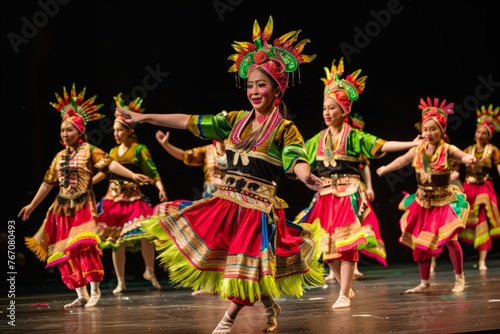 A diverse group of people standing on a stage during a cultural performance, showcasing heritage and diversity