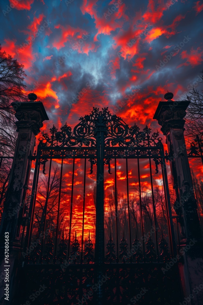 Gothic forged cemetery gate, resembling the gates of hell, on fiery red ...