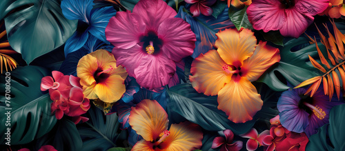 Colorful tropical flowers and leaves background