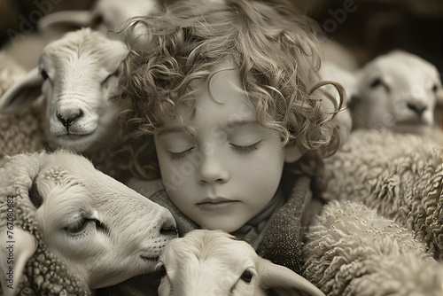 Young David shepherds sheep, Bible story, Sepia tone portrait of a child with curly hair amidst sheep. Pastoral scene and biblical storytelling concept for religious education materials photo