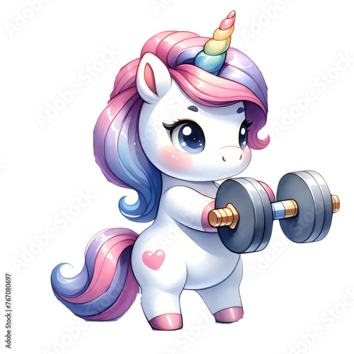 Cute watercolor animal character is exercising by holding the dumbbell workout clipart of unicorn photo