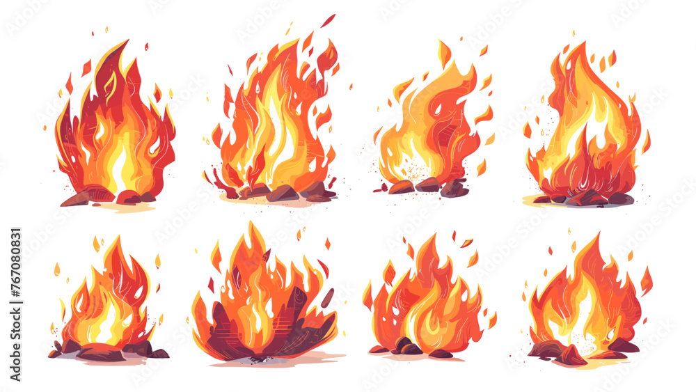 漫画の赤い炎。火の炎、熱い火の玉、危険な山火事のキャンプファイヤーと焚き火の要素、火のフレームと燃えるような境界線の分離ベクトルセット 漫画の赤い炎。火の炎、熱い火の玉、危険な山火事のキャンプファイヤーと焚き火の要素、火のフレームと燃えるような境界線の分離ベクトルセット