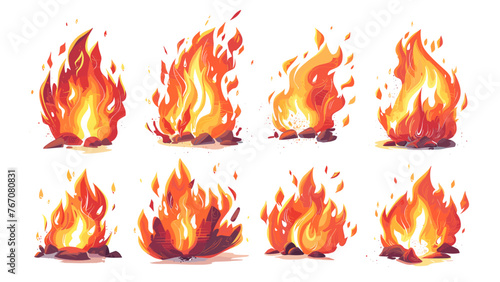 漫画の赤い炎。火の炎、熱い火の玉、危険な山火事のキャンプファイヤーと焚き火の要素、火のフレームと燃えるような境界線の分離ベクトルセット