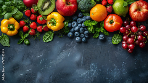 Assorted fresh fruits and vegetables on dark background  healthy food concept  top view with copy space.