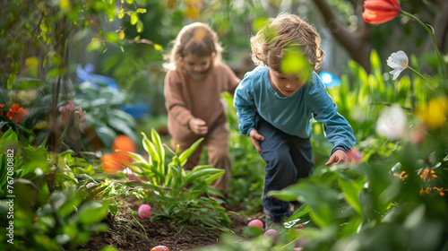 Two children are in a garden, surrounded by lush greenery and colourful flowers, discovering Easter eggs hidden among the plants.