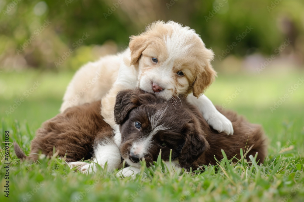 Two puppies are laying on the grass, one brown and one white. They are playing and cuddling with each other