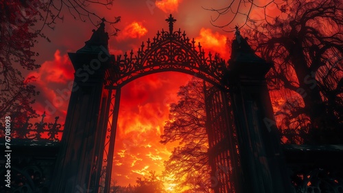 Gothic forged cemetery gate, resembling the gates of hell, on fiery red sunset sky background. Atmosphere of horror and nightmares, gates of hell. Haunting and unsettling scene, entering abyss. © Ilia