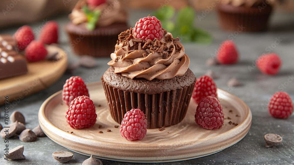 Chocolate cupcake with raspberries on a wooden plate, sprinkled with chocolate shavings, elegant dessert concept.